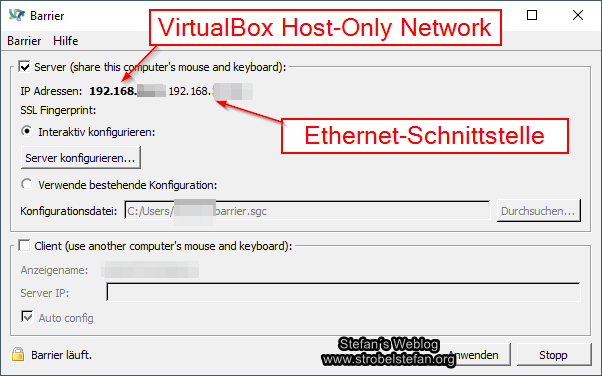 Barrier - Verwendung IP-Adresse der VirtualBox