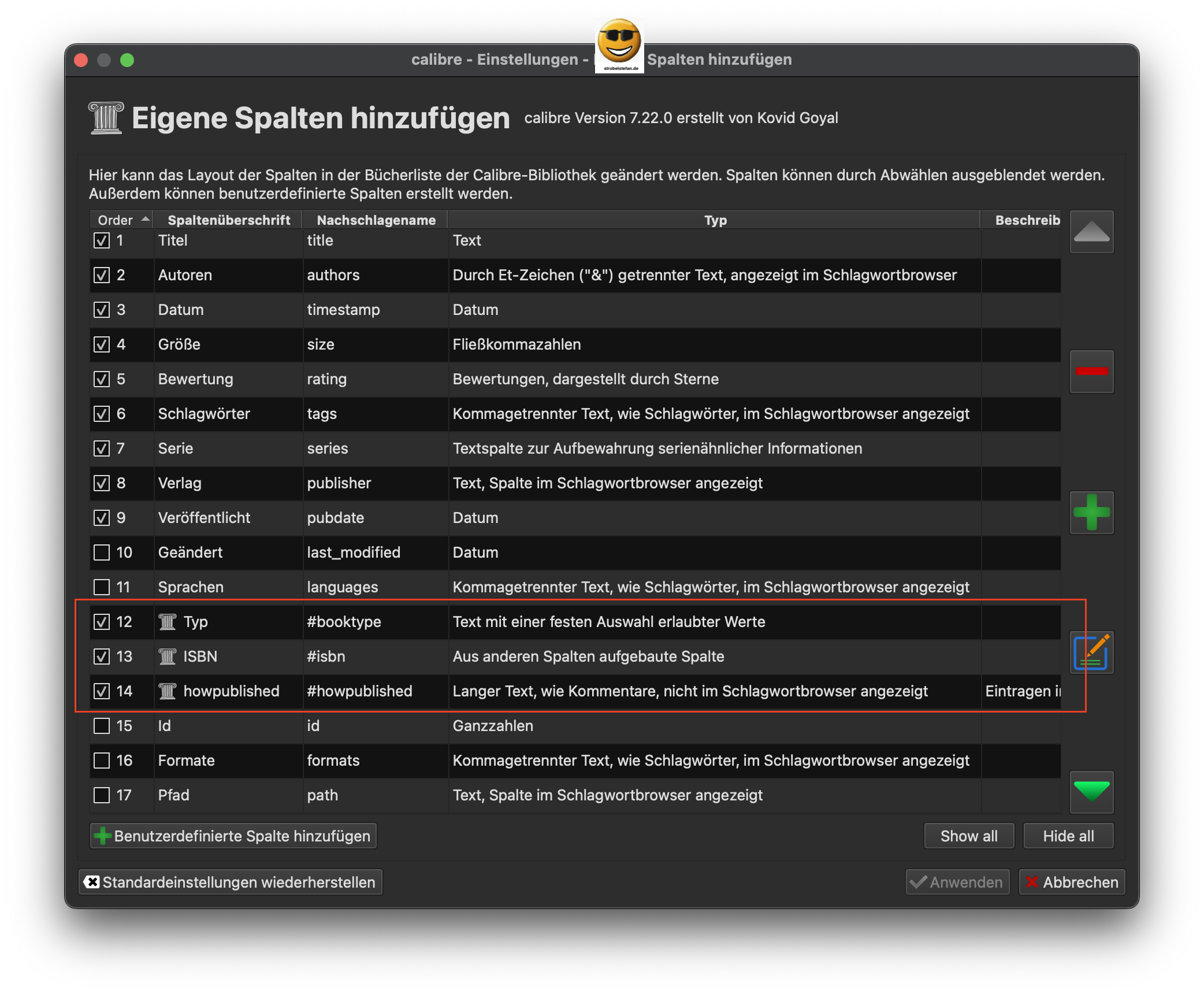 Eigene Spalten werden angezeigt